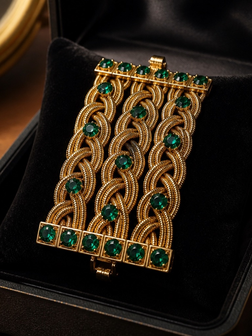 Gold-Tone Multi-Row Bracelet with Amethyst Emerald Green Gemstones
